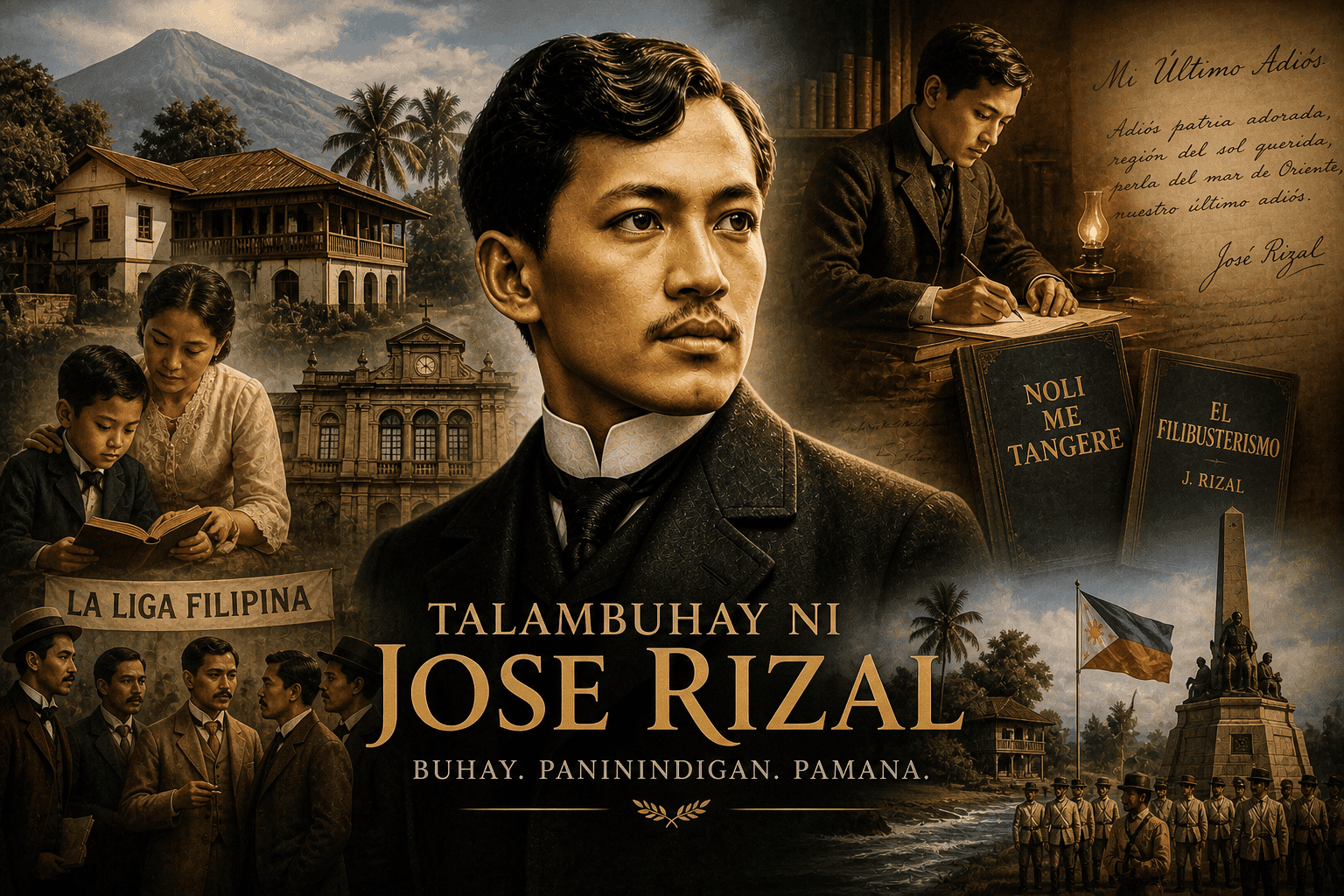 Cinematic collage of Jose Rizal’s life showing his childhood, education, writings, reform work, exile, martyrdom, and legacy.