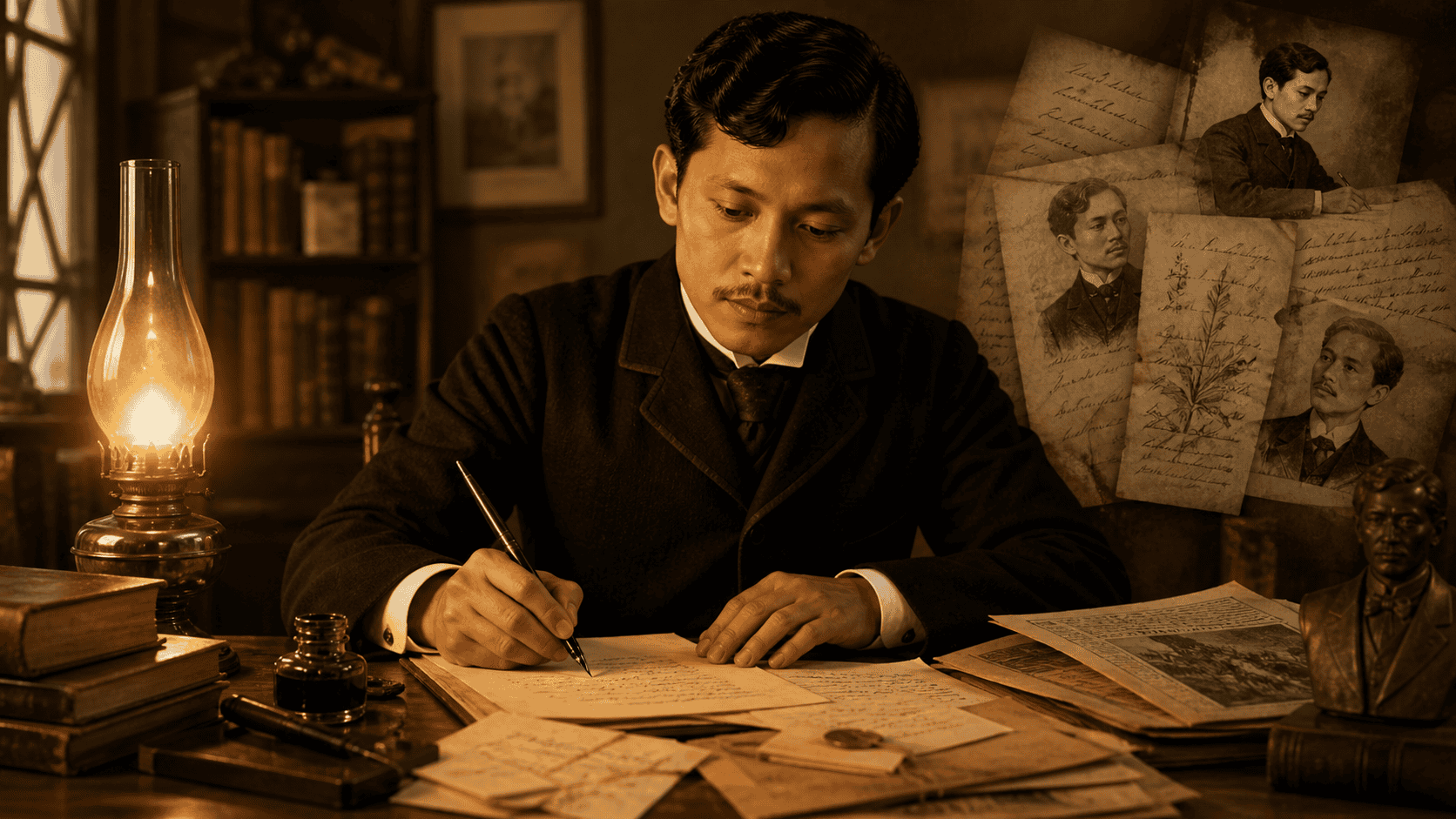 Jose Rizal writing in a vintage study with papers, portraits, books, and documents suggesting his different pen names.