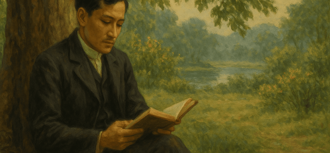 Jose Rizal reading under a tree.