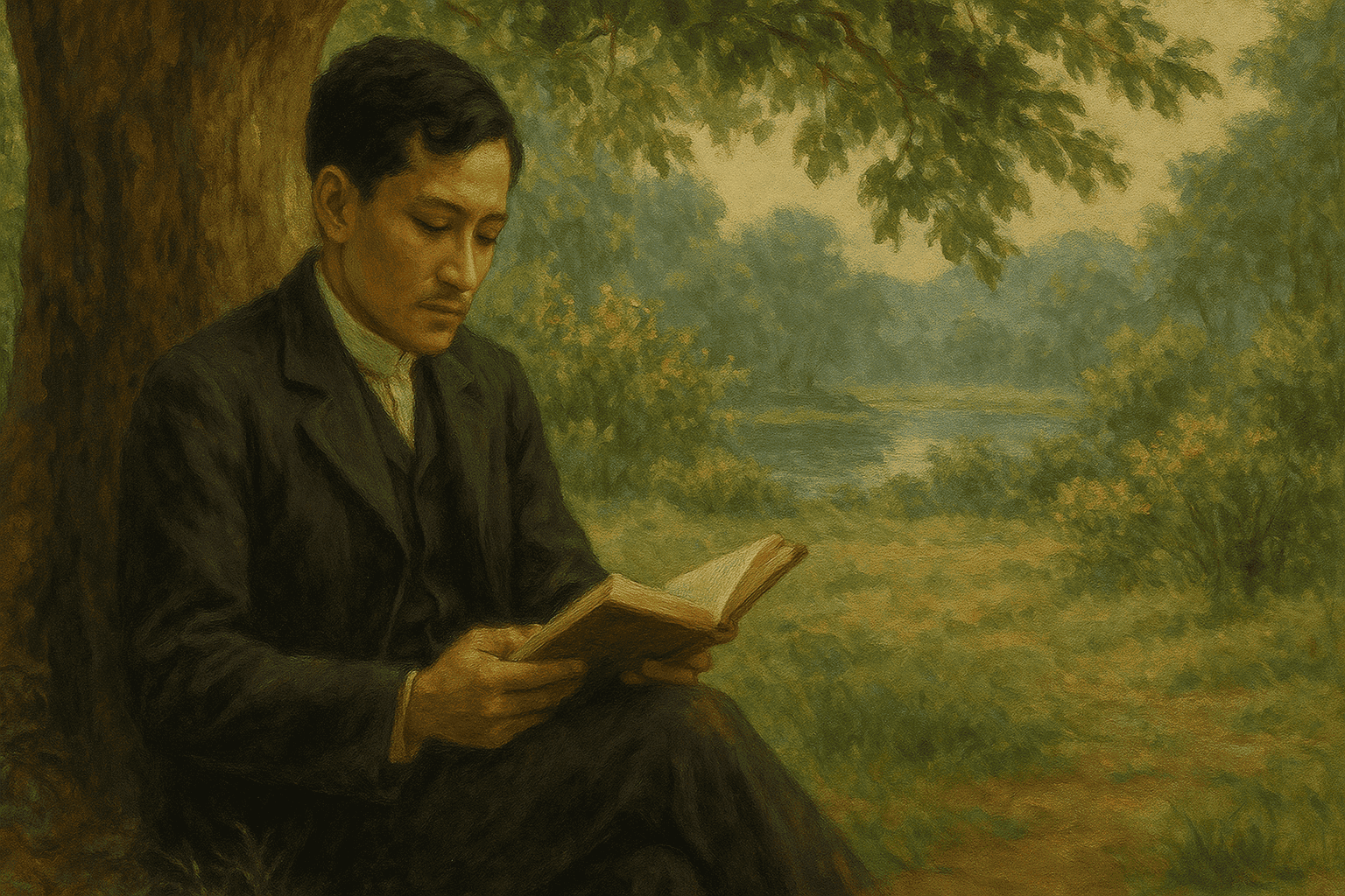 Jose Rizal reading under a tree.