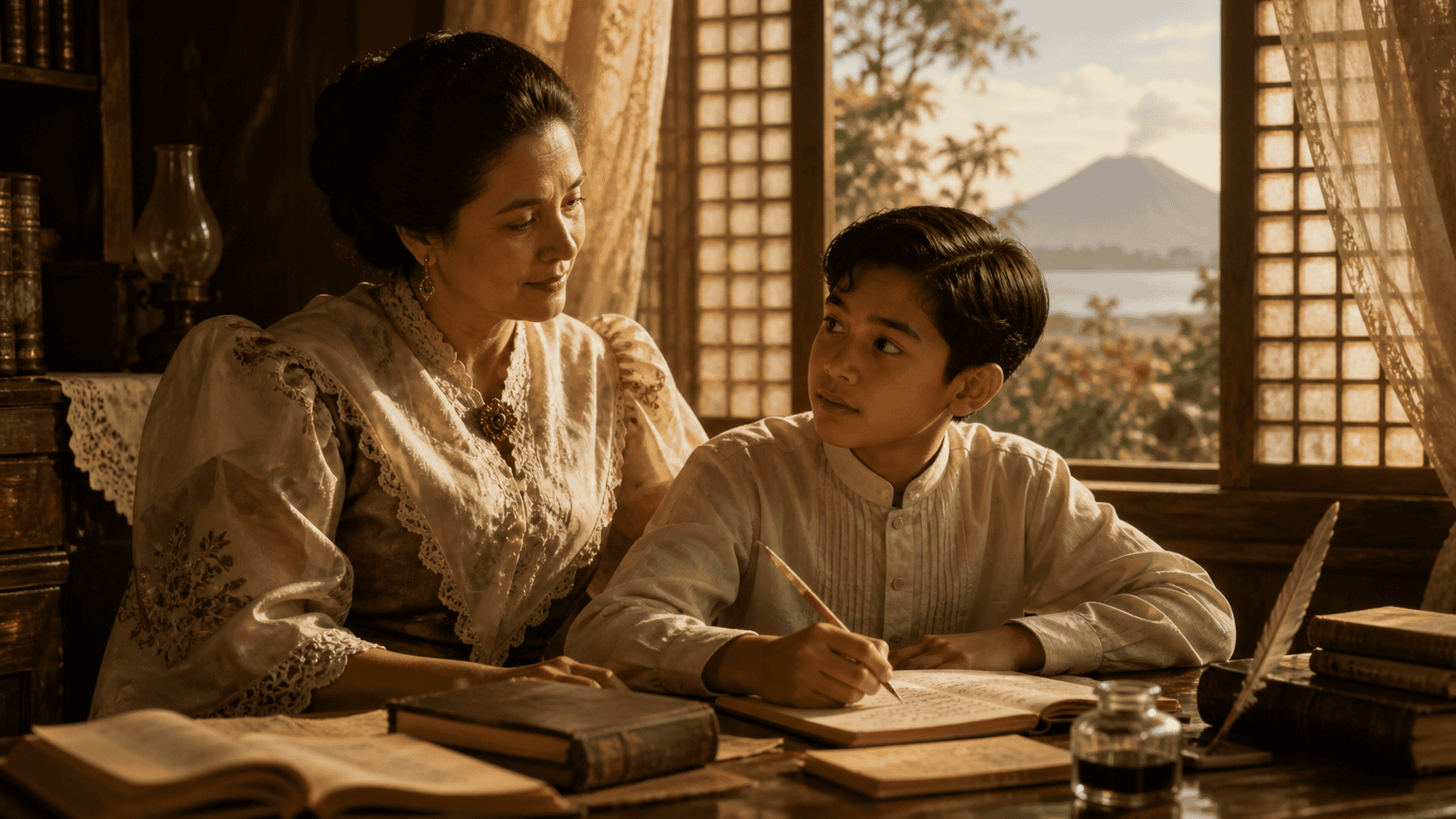 Dona Teodora guiding a young Jose Rizal as he writes at a table in a warm colonial-era home with books and a mountain view beyond the window.
