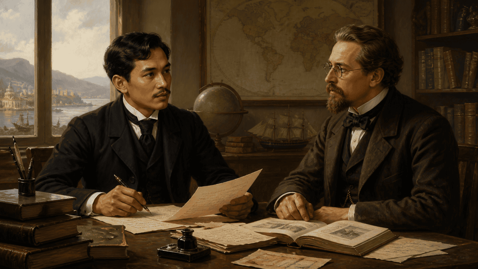 Jose Rizal and Ferdinand Blumentritt seated together in a 19th-century study with letters, books, a globe, and a map behind them.