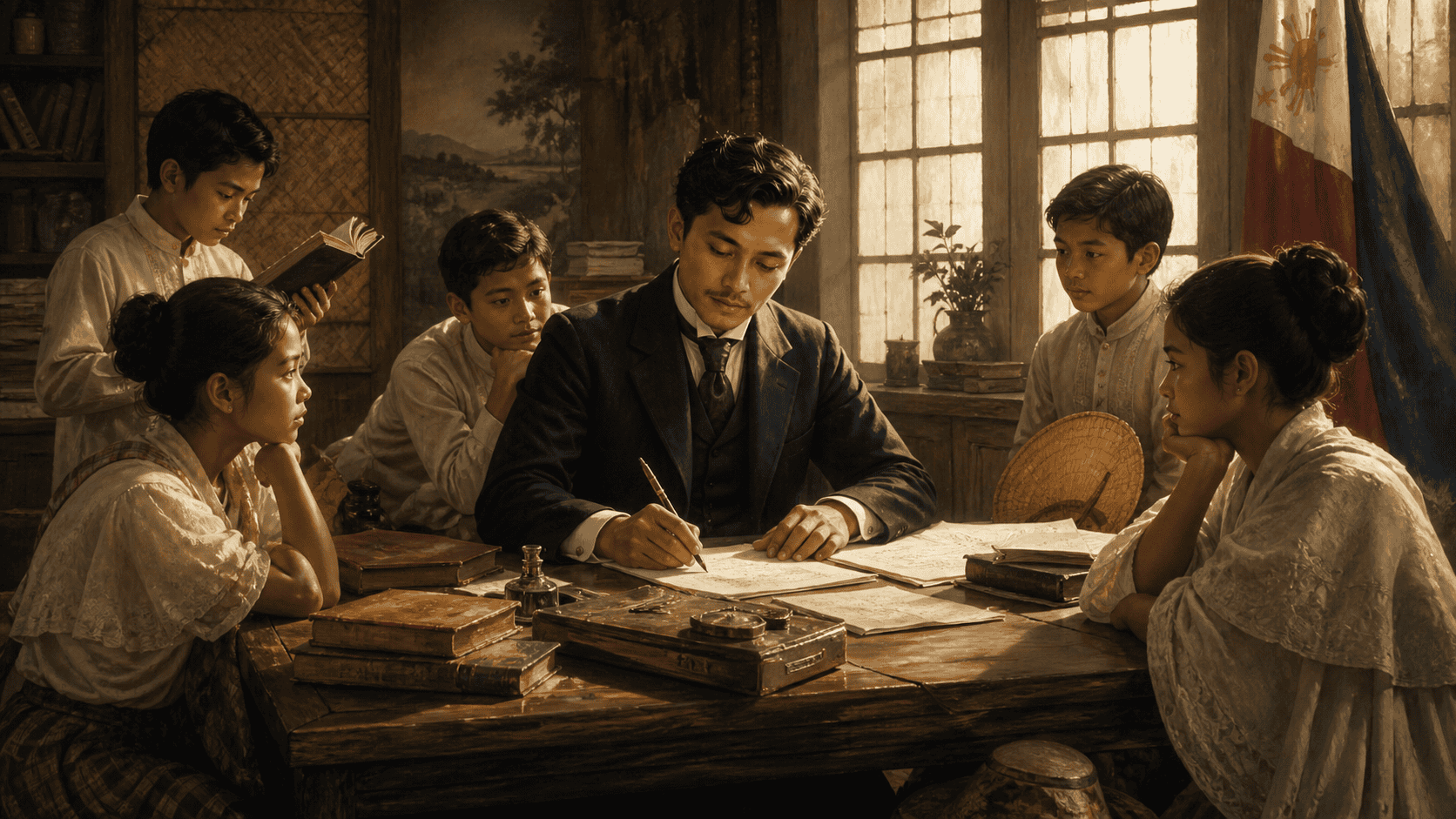 Jose Rizal writing with young Filipino students gathered around a table in a warm colonial-era classroom.