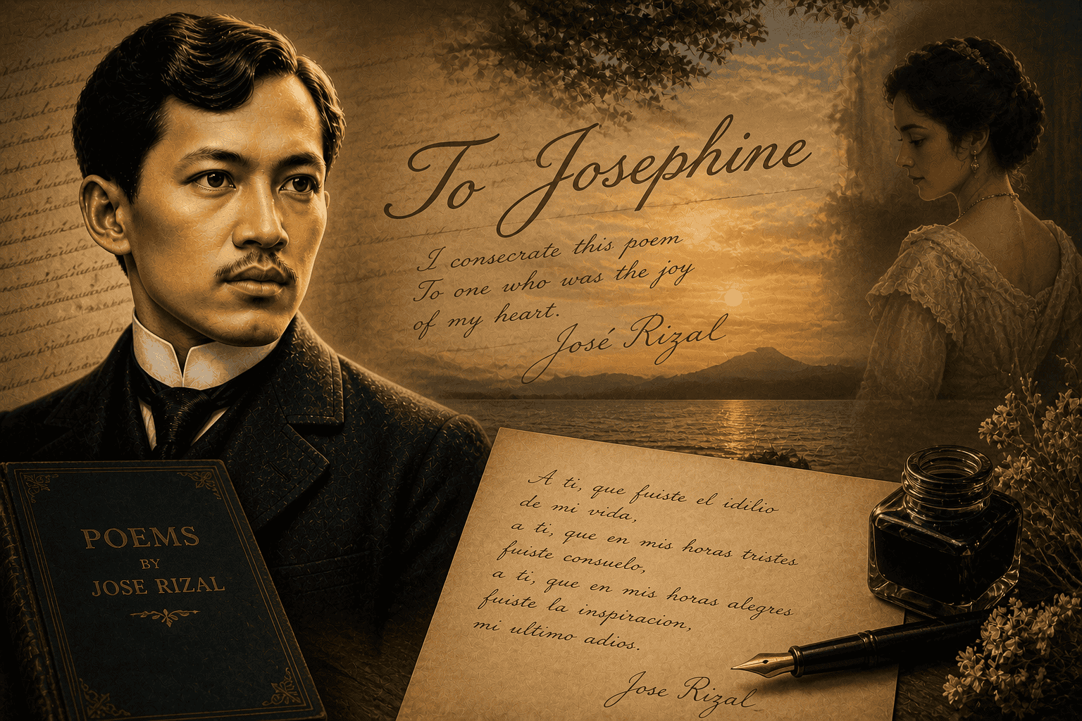 Romantic vintage collage of Jose Rizal, Josephine Bracken, handwritten poetry, an ink bottle, and a sunset over the water.