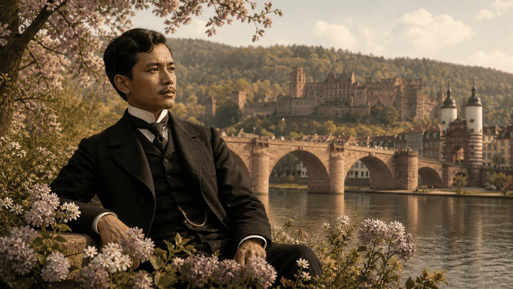 Jose Rizal seated by the Neckar River in Heidelberg with spring flowers, the Old Bridge, and Heidelberg Castle in the background.