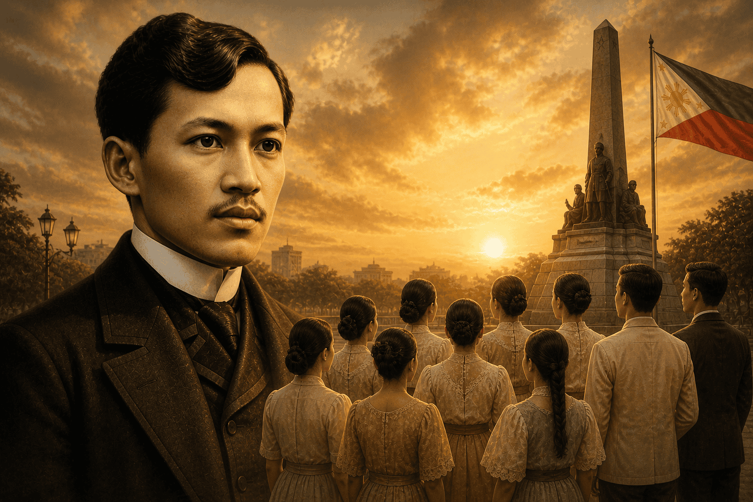 Jose Rizal shown beside Filipino youth facing the Rizal Monument and Philippine flag at sunset.