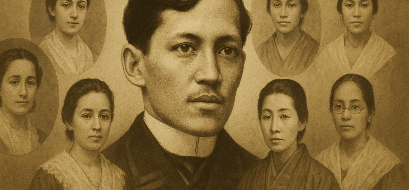 A sepia-toned 16:9 portrait showing José Rizal at the center, surrounded by the women who influenced his life, including figures inspired by Segunda Katigbak, Leonor Rivera, O-Sei-San, Gertrude Beckett, Nellie Boustead, and Josephine Bracken.