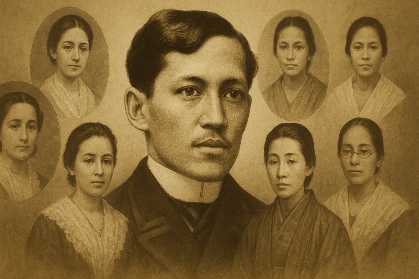 A sepia-toned 16:9 portrait showing José Rizal at the center, surrounded by the women who influenced his life, including figures inspired by Segunda Katigbak, Leonor Rivera, O-Sei-San, Gertrude Beckett, Nellie Boustead, and Josephine Bracken.