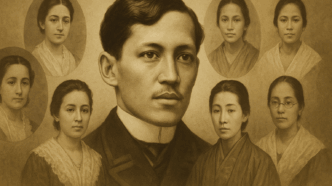 A sepia-toned 16:9 portrait showing José Rizal at the center, surrounded by the women who influenced his life, including figures inspired by Segunda Katigbak, Leonor Rivera, O-Sei-San, Gertrude Beckett, Nellie Boustead, and Josephine Bracken.