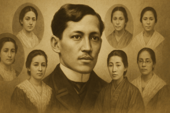A sepia-toned 16:9 portrait showing José Rizal at the center, surrounded by the women who influenced his life, including figures inspired by Segunda Katigbak, Leonor Rivera, O-Sei-San, Gertrude Beckett, Nellie Boustead, and Josephine Bracken.