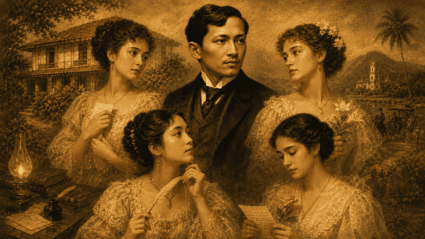 Jose Rizal portrayed with several women associated with his romantic life in a warm sepia-toned historical collage.
