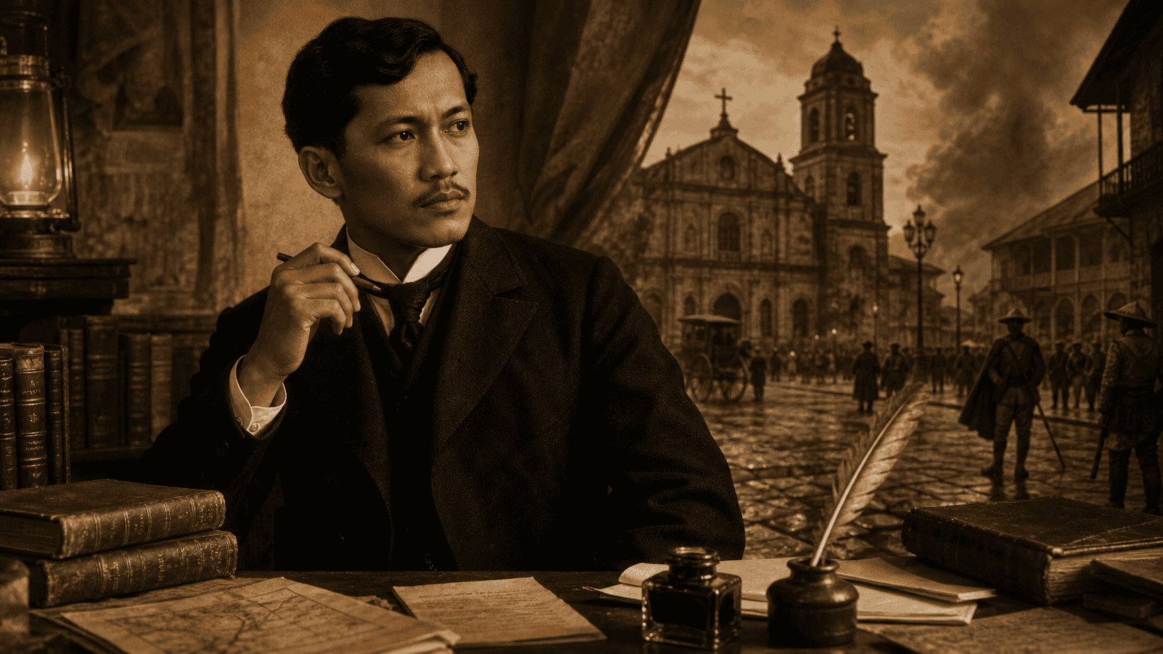 Jose Rizal seated in a dim study with books, papers, ink, and a colonial Philippine street scene in the background.