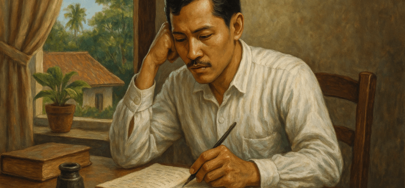 Jose Rizal wearing a white shirt and writing