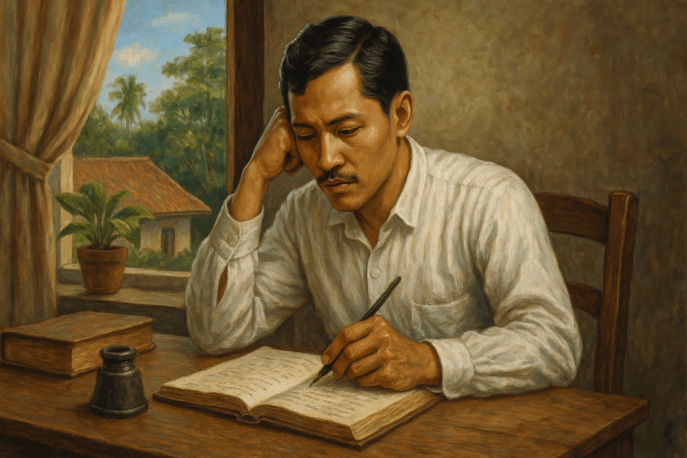 Jose Rizal wearing a white shirt and writing