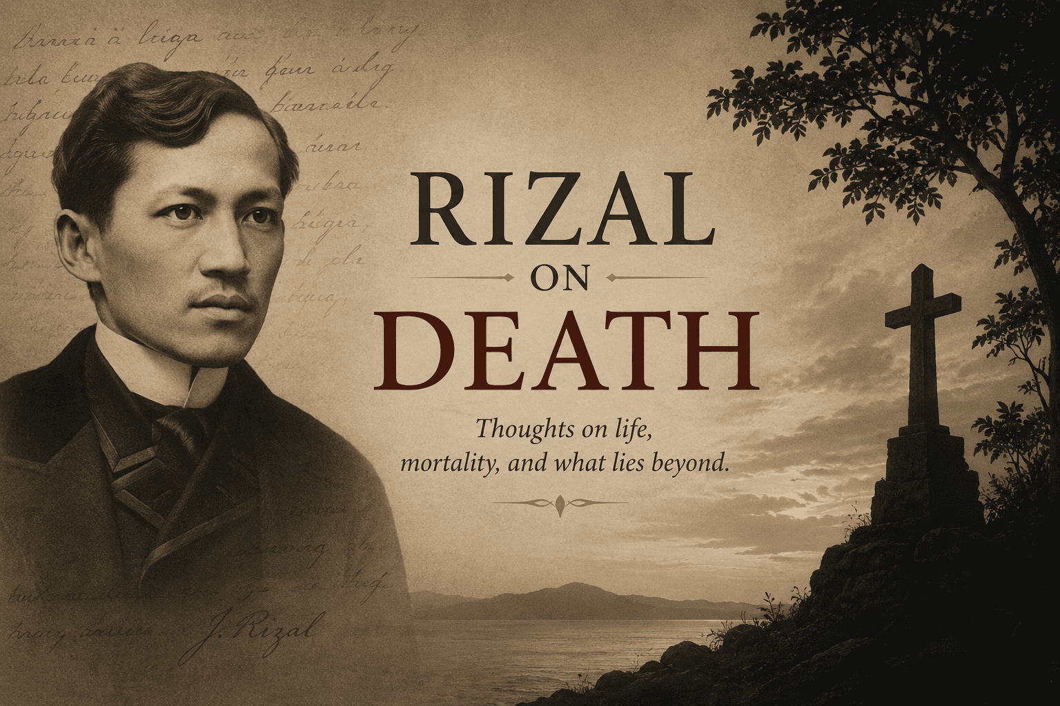 Jose Rizal portrait beside a quiet cemetery cross and sunset landscape, illustrating his reflections on death and mortality.