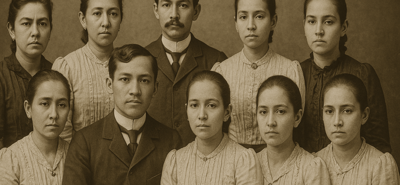 Sepia-toned vintage portrait of nine Filipino siblings dressed in late 19th-century attire, posed formally in two rows against a neutral studio backdrop.