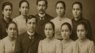 Sepia-toned vintage portrait of nine Filipino siblings dressed in late 19th-century attire, posed formally in two rows against a neutral studio backdrop.