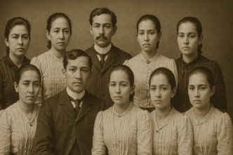 Sepia-toned vintage portrait of nine Filipino siblings dressed in late 19th-century attire, posed formally in two rows against a neutral studio backdrop.