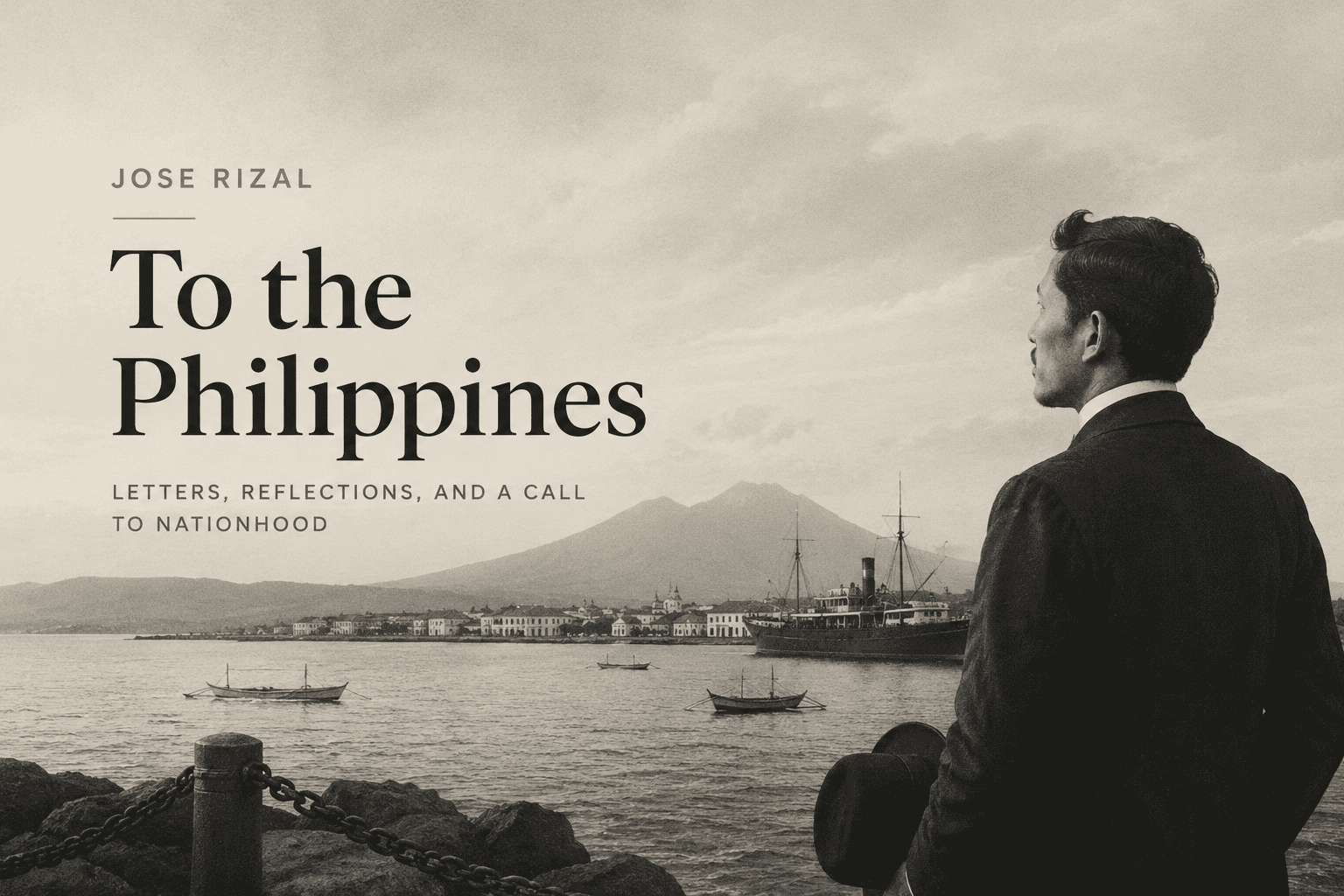 Jose Rizal looking across Manila Bay toward a historic Philippine town and mountains, evoking the patriotic mood of To the Philippines.