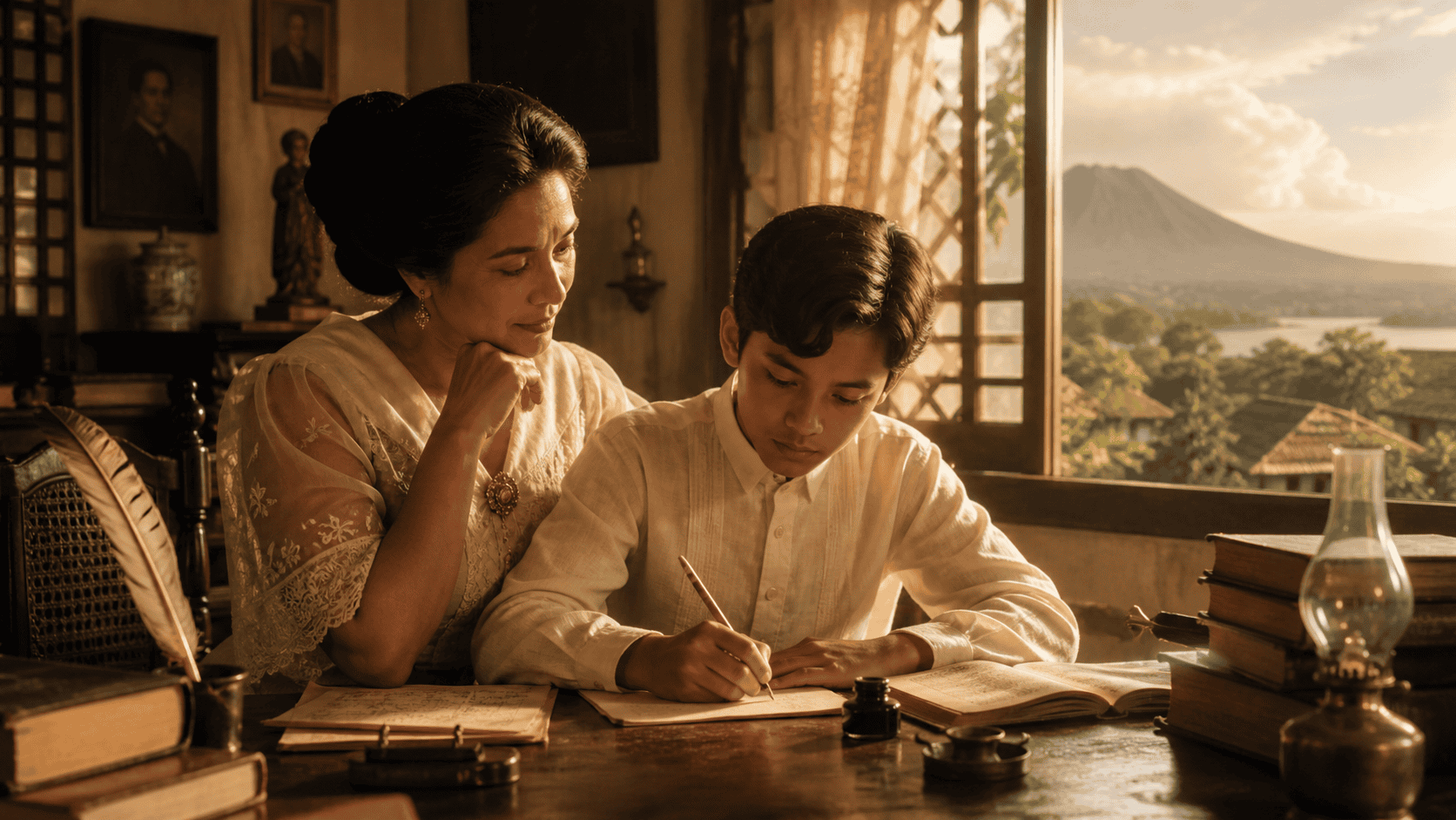 Doña Teodora Alonso watching a young Jose Rizal write at a desk in a warm colonial-era home with books and a view of Mount Makiling.