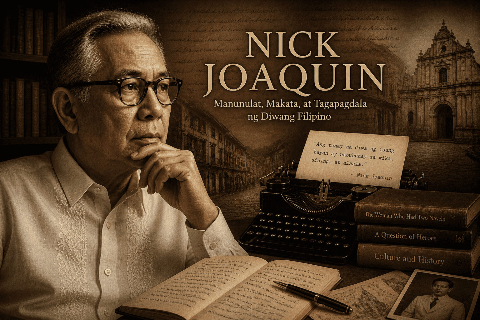 Nick Joaquin in a sepia-toned literary study surrounded by books, a typewriter, and Manila-inspired historical imagery.