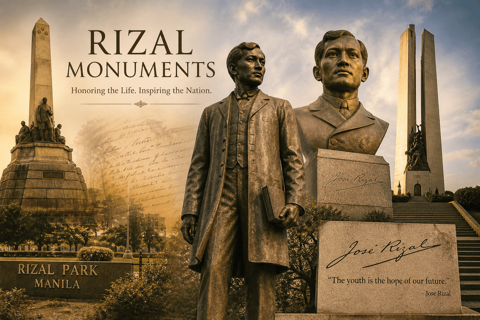 Collage of Jose Rizal monuments and statues in public park settings, including the Rizal Monument in Manila.