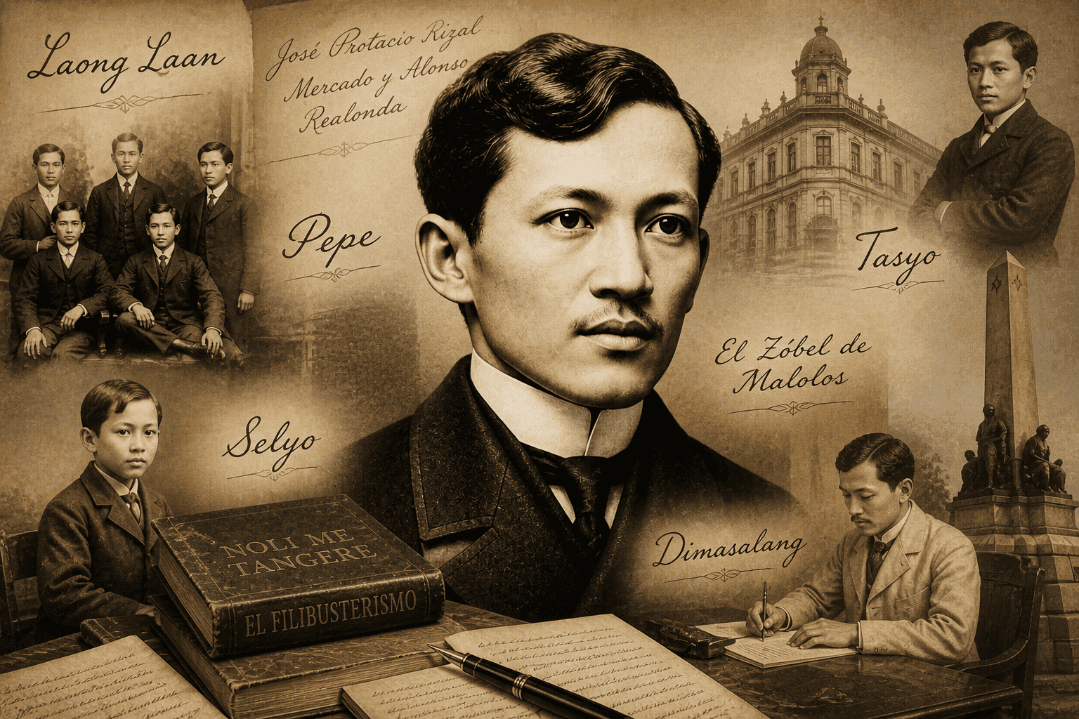 Sepia-toned collage of Jose Rizal at different stages of life with books, papers, portraits, monuments, and references to his nicknames.