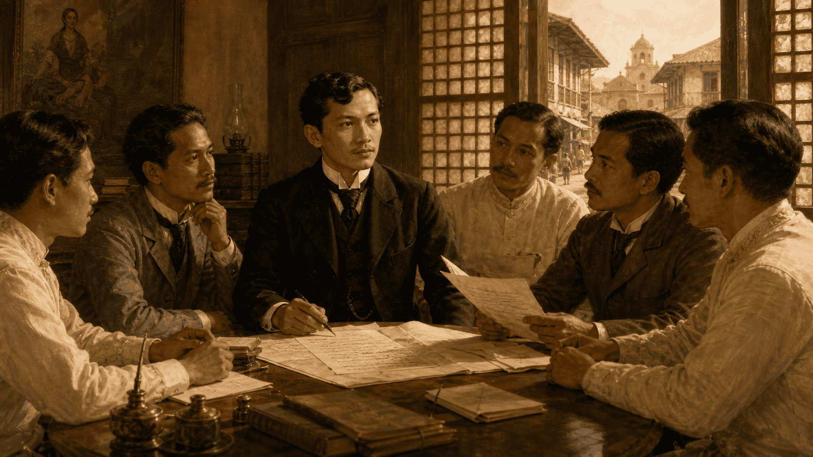 Jose Rizal meeting with Filipino reformists around a table in a colonial-era room, discussing documents for La Liga Filipina.