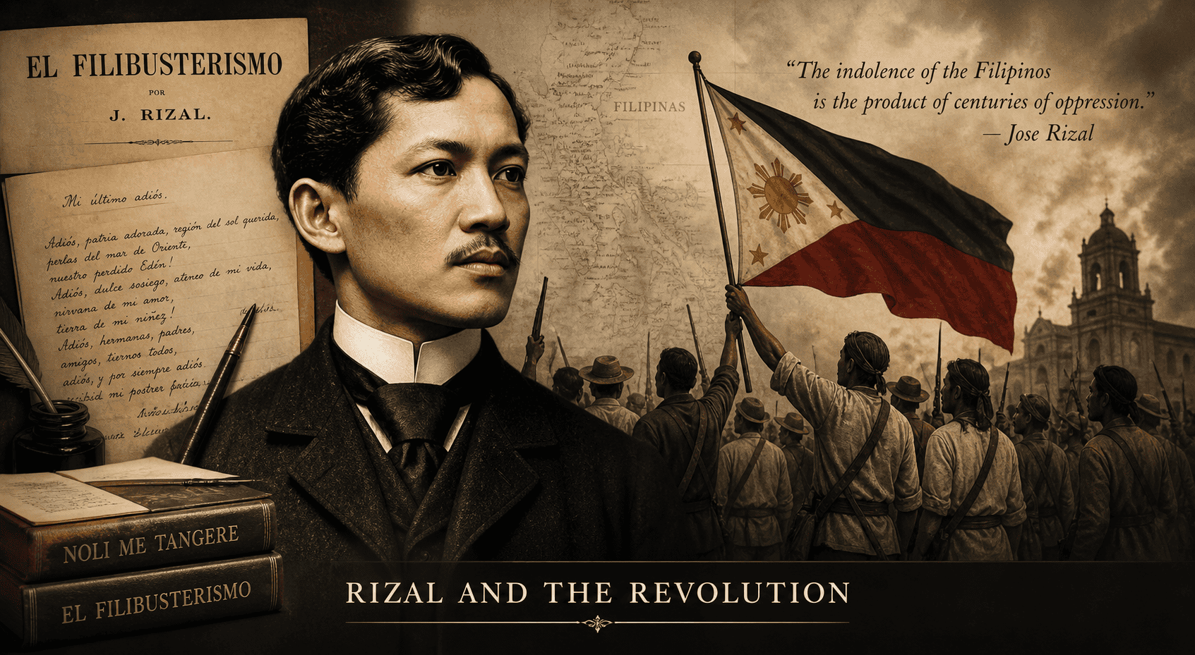 Jose Rizal shown beside his writings, a Philippine flag, and Filipino revolutionaries gathered in a dramatic colonial-era scene.