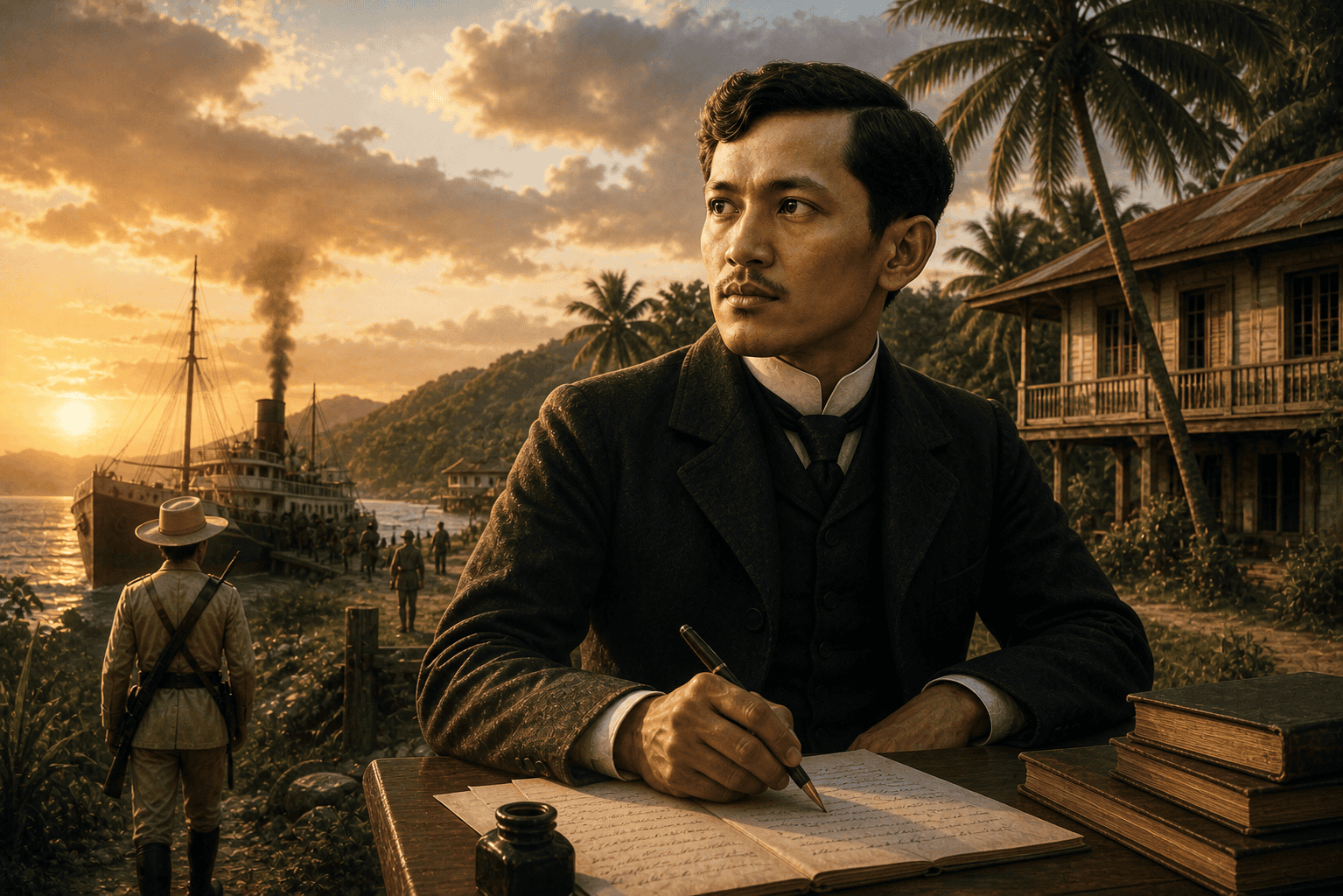 Jose Rizal writing near the Dapitan coast with a steamship, colonial soldier, palm trees, and a tropical house in the background.