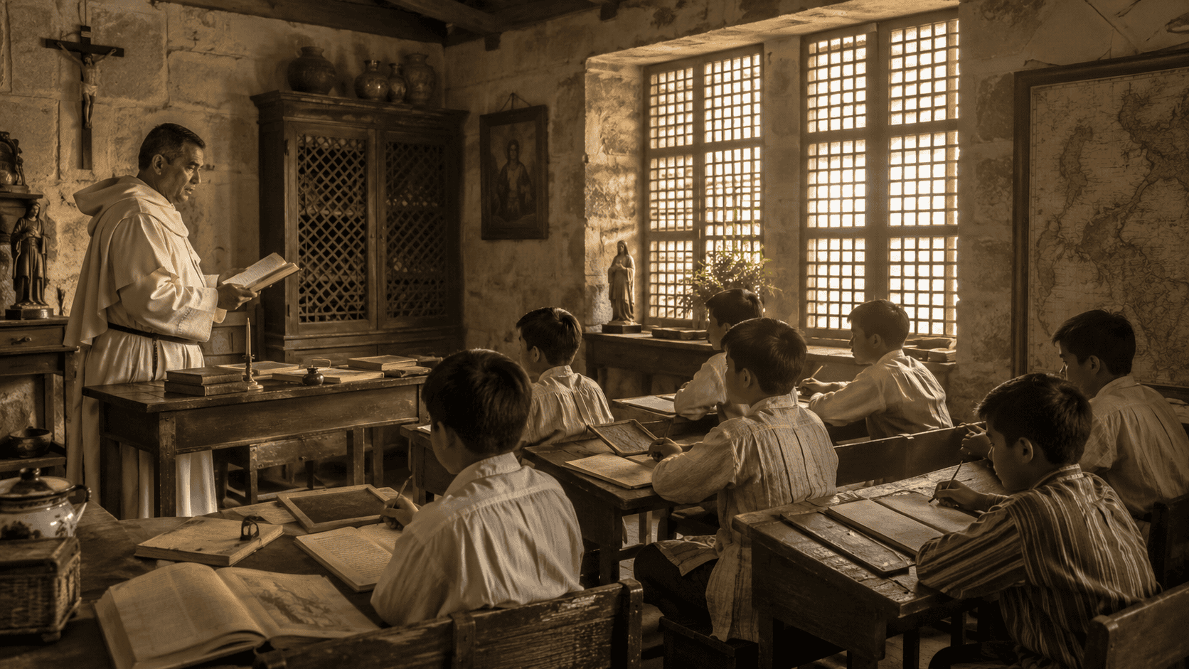 Boys studying in a 19th-century Philippine classroom with a friar teacher, wooden desks, books, religious images, and sunlight through capiz windows.