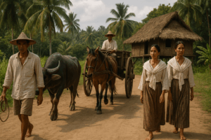 Photorealistic depiction of a rural Philippine village in the 19th century with villagers walking beside a carabao and a horse-drawn cart near a nipa hut.
