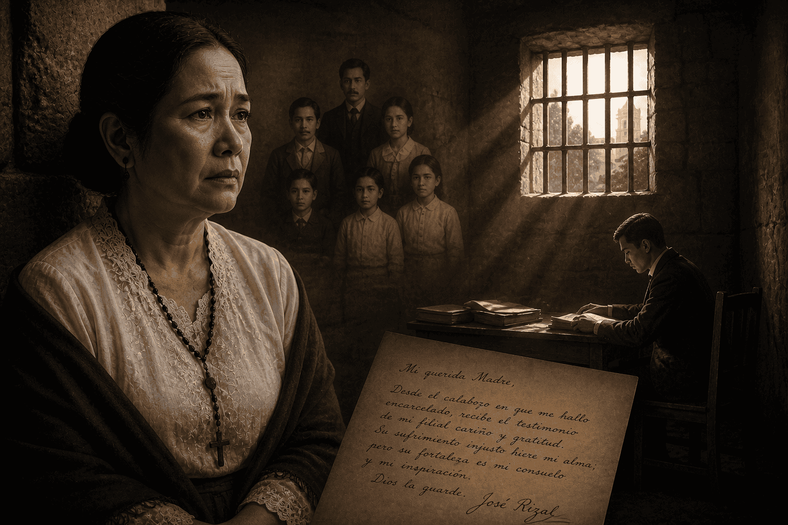 Dona Teodora shown in a dim colonial prison setting with a young Jose Rizal writing nearby and a family portrait in the background.