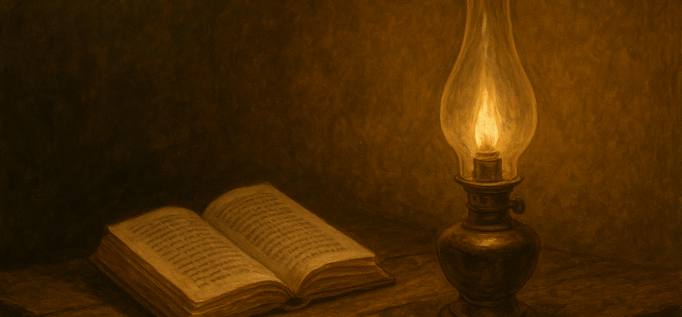 A warm, sepia-toned oil lamp glows beside an open book on a wooden table, creating a calm, vintage study atmosphere.