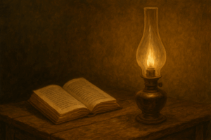 A warm, sepia-toned oil lamp glows beside an open book on a wooden table, creating a calm, vintage study atmosphere.