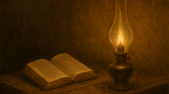 A warm, sepia-toned oil lamp glows beside an open book on a wooden table, creating a calm, vintage study atmosphere.