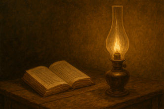 A warm, sepia-toned oil lamp glows beside an open book on a wooden table, creating a calm, vintage study atmosphere.