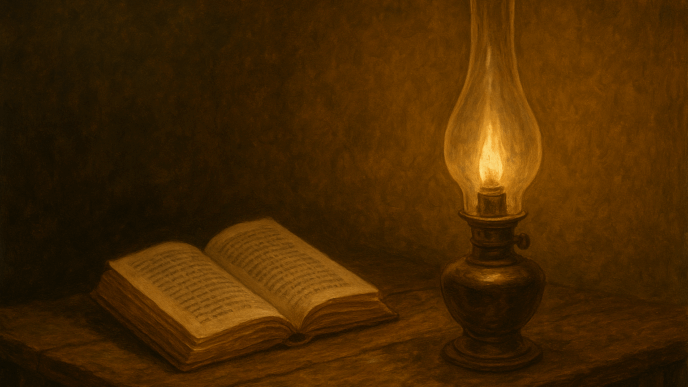 A warm, sepia-toned oil lamp glows beside an open book on a wooden table, creating a calm, vintage study atmosphere.