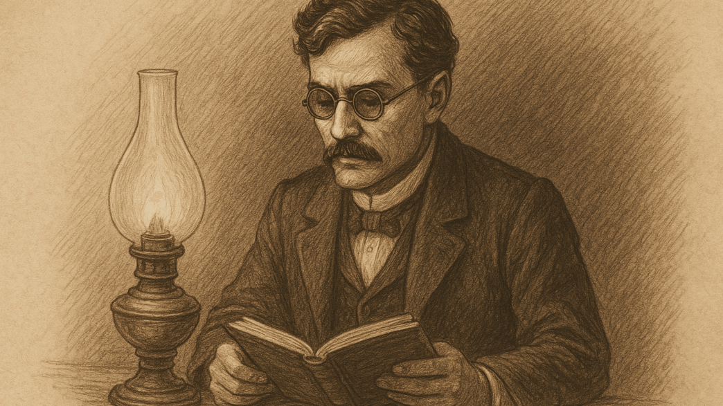 A sepia-toned illustration of a man resembling Simoun sitting at a desk, reading a book beside a softly glowing antique oil lamp.