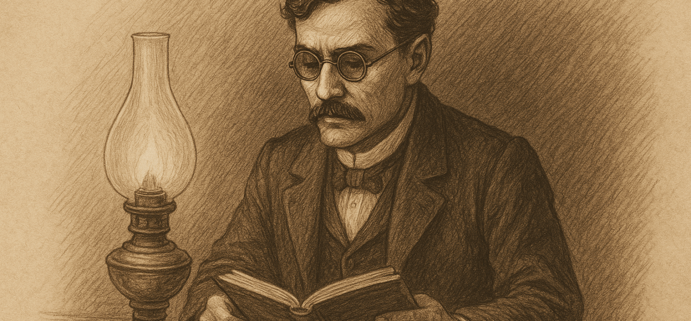A sepia-toned illustration of a man resembling Simoun sitting at a desk, reading a book beside a softly glowing antique oil lamp.