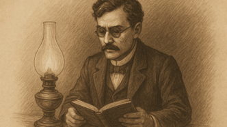 A sepia-toned illustration of a man resembling Simoun sitting at a desk, reading a book beside a softly glowing antique oil lamp.