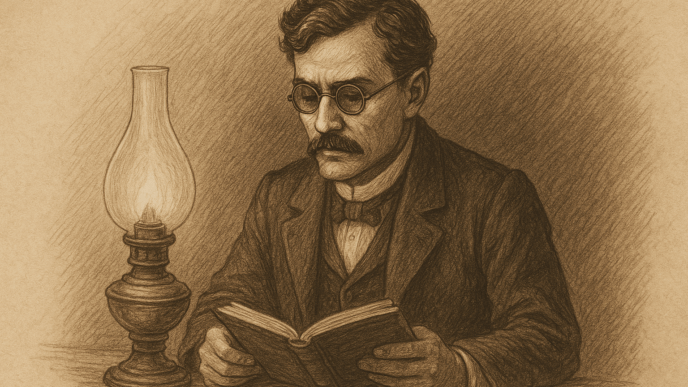 A sepia-toned illustration of a man resembling Simoun sitting at a desk, reading a book beside a softly glowing antique oil lamp.