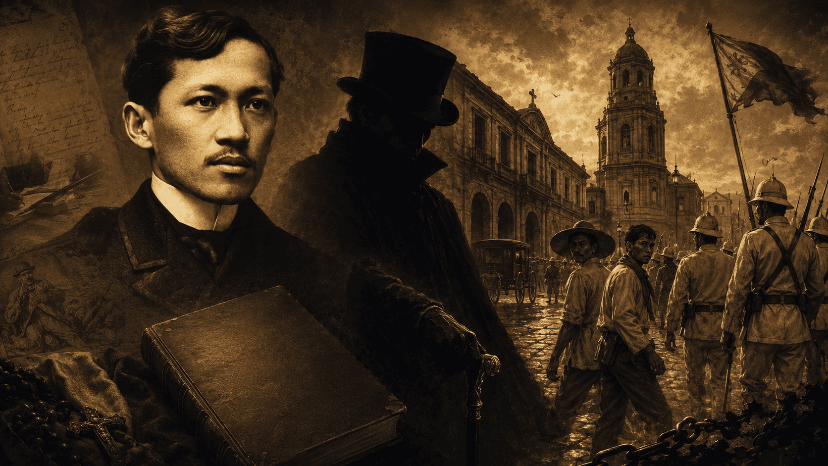 Dramatic sepia-toned collage of Jose Rizal, a shadowy figure representing Simoun, colonial Manila, soldiers, and scenes of tension from El Filibusterismo.