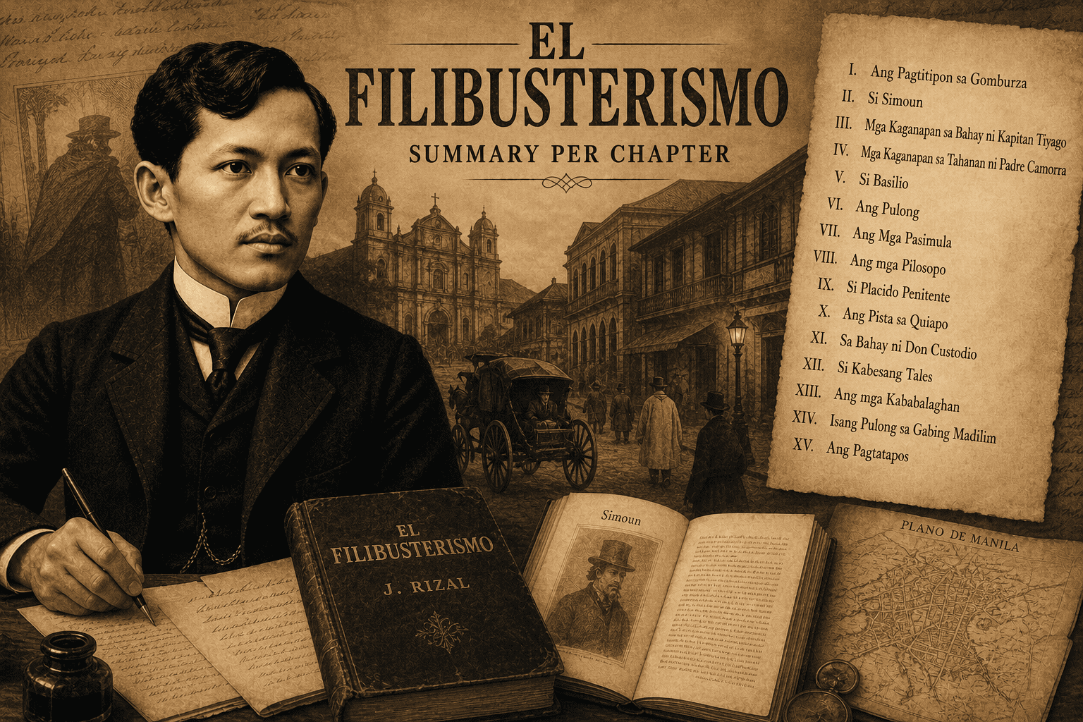 Vintage collage of Jose Rizal, El Filibusterismo, colonial Manila, chapter notes, maps, books, and manuscript pages.