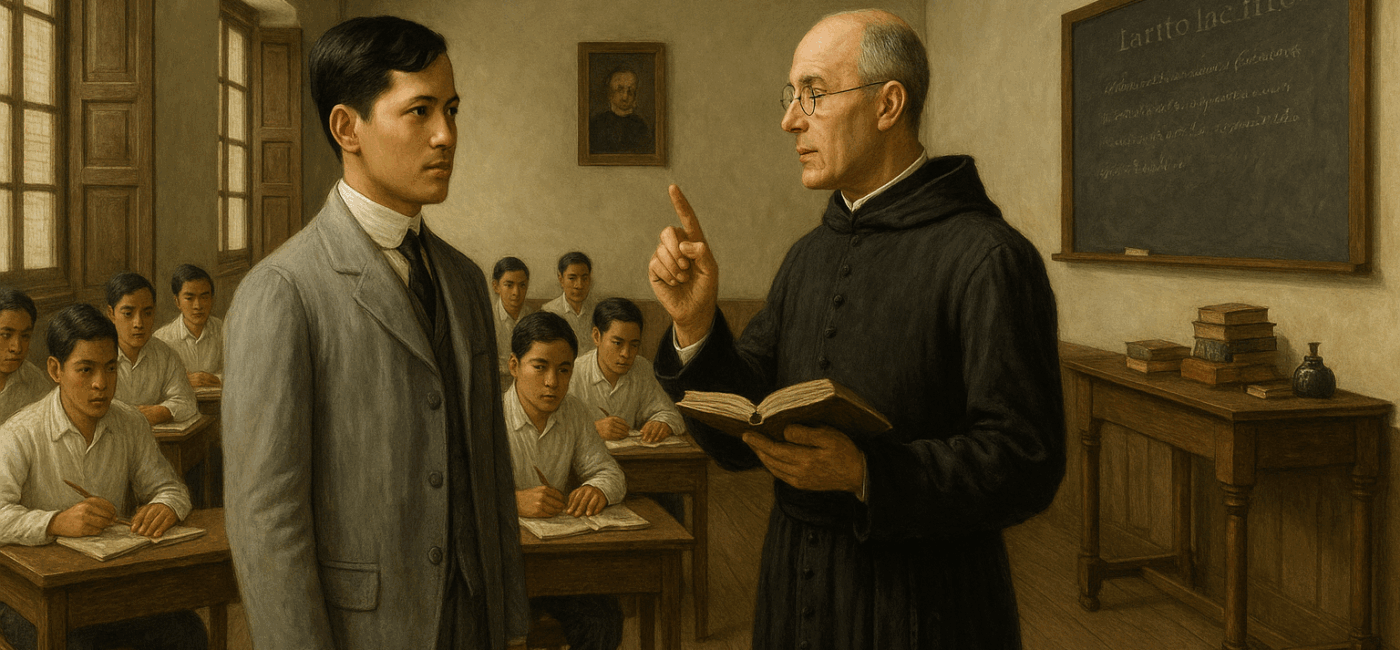 A photorealistic 16:9 classroom scene depicting young Jose Rizal with a Jesuit teacher during his Ateneo years in colonial-era Manila.