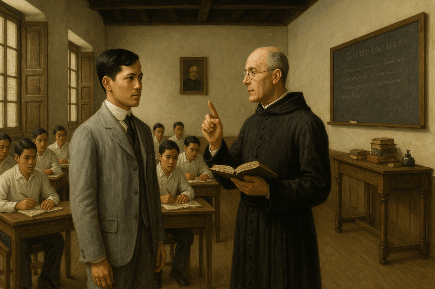 A photorealistic 16:9 classroom scene depicting young Jose Rizal with a Jesuit teacher during his Ateneo years in colonial-era Manila.