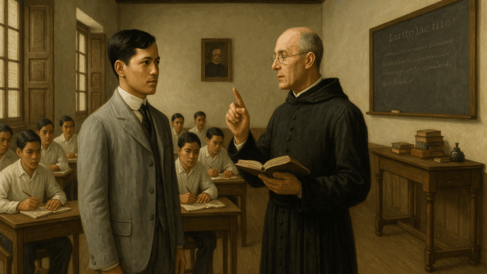 A photorealistic 16:9 classroom scene depicting young Jose Rizal with a Jesuit teacher during his Ateneo years in colonial-era Manila.