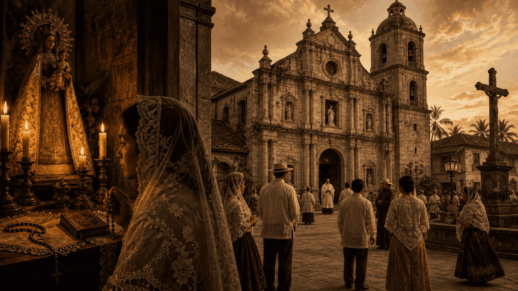 Filipino worshippers outside a colonial-era Catholic church with a devotional image, candles, rosary, and cross.