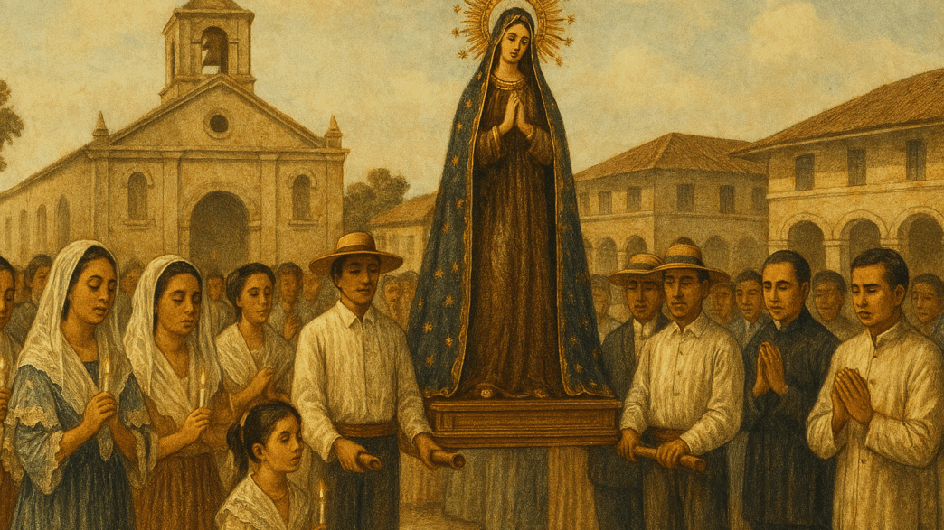 A sepia-toned 19th-century Filipino religious procession featuring villagers carrying a statue of the Virgin Mary outside a Spanish-era stone church.