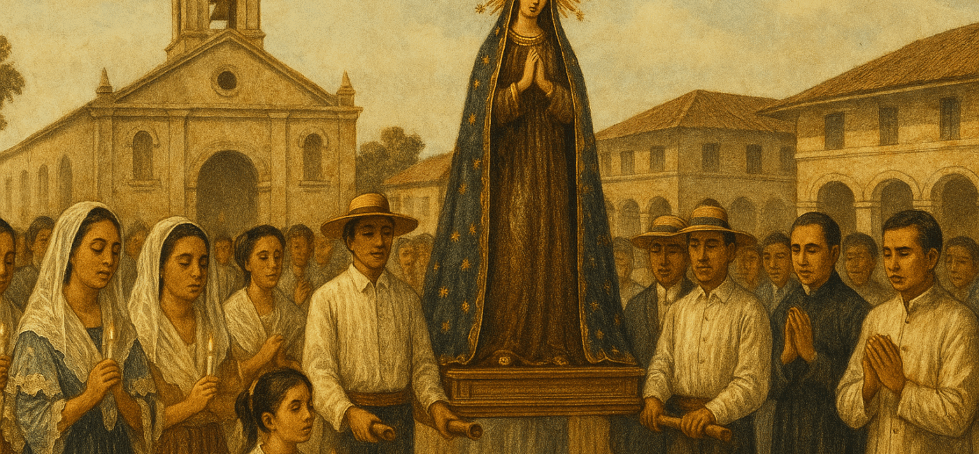 A sepia-toned 19th-century Filipino religious procession featuring villagers carrying a statue of the Virgin Mary outside a Spanish-era stone church.
